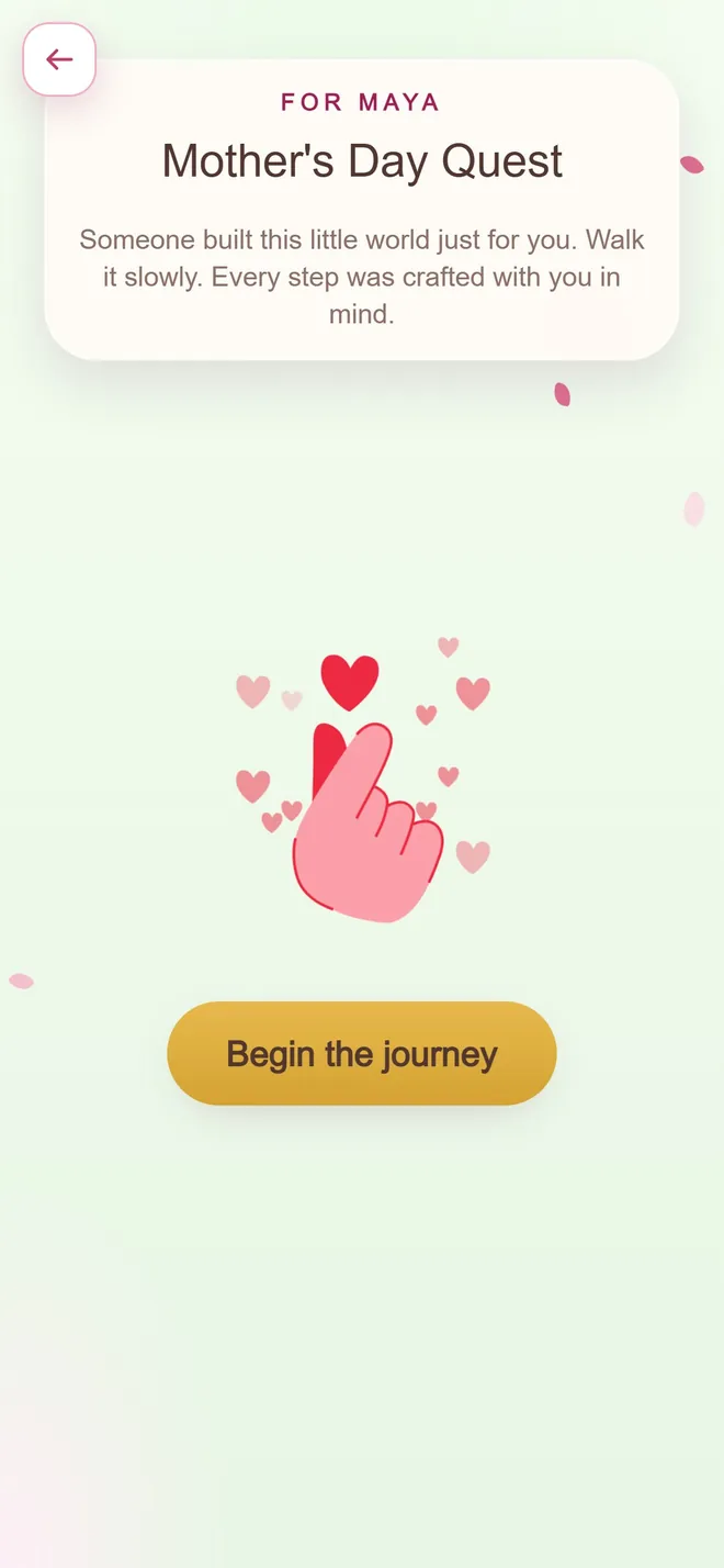 The opening screen of a Mother's Day Quest, with a finger heart animation on a soft green wash