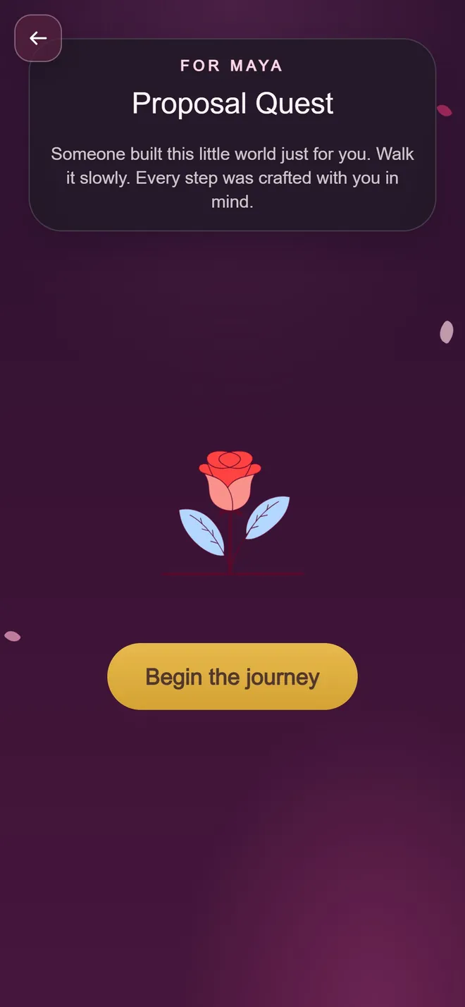 The opening screen of a Date / Proposal Quest, a single rose glowing on a deep plum background