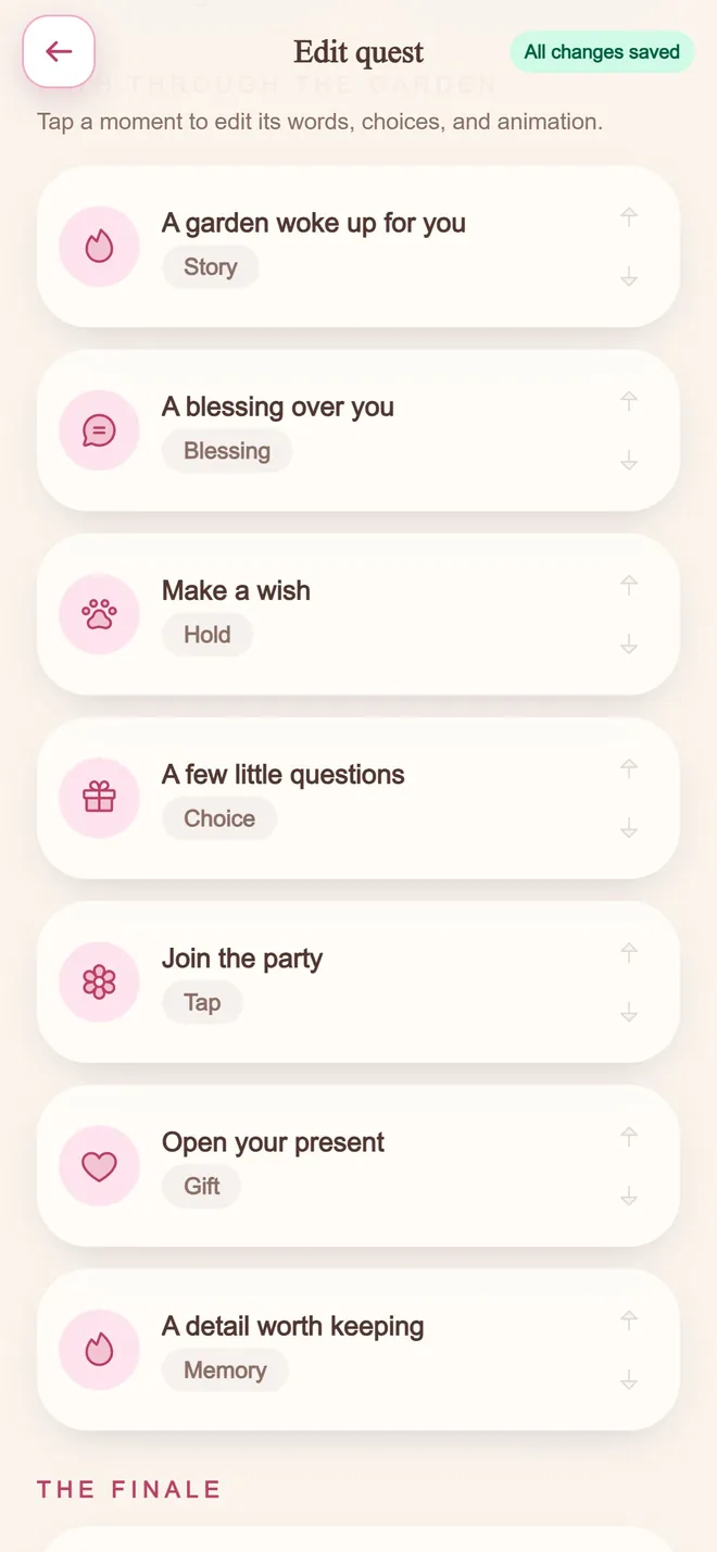 The quest editor listing every moment on the path   story, blessing, hold, choice, tap, gift, memory   each one editable