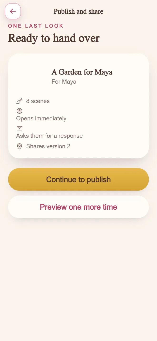 The publish screen showing a final summary: eight scenes, opens immediately, asks them for a response