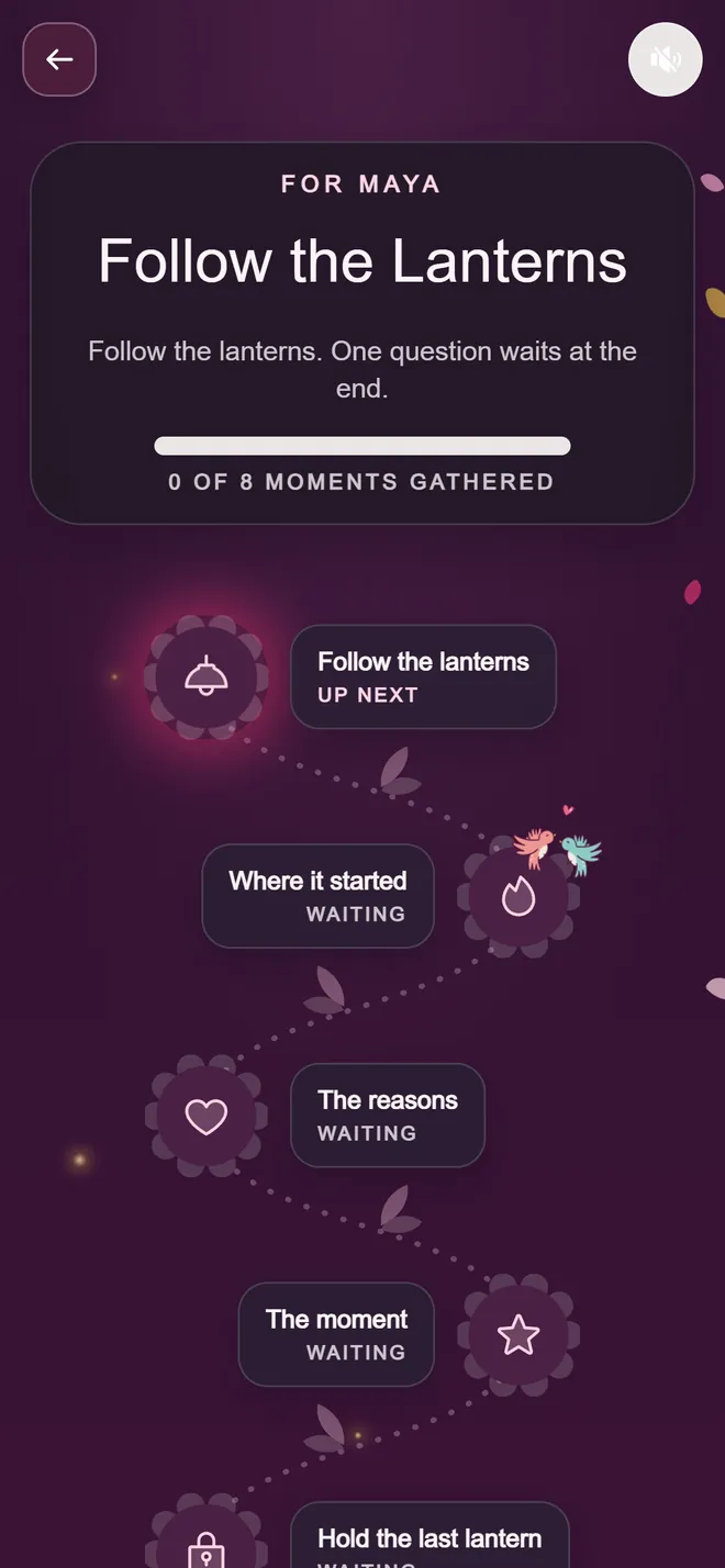 A Date / Proposal Quest hub on a deep plum night screen titled 'Follow the Lanterns', ending with one held lantern