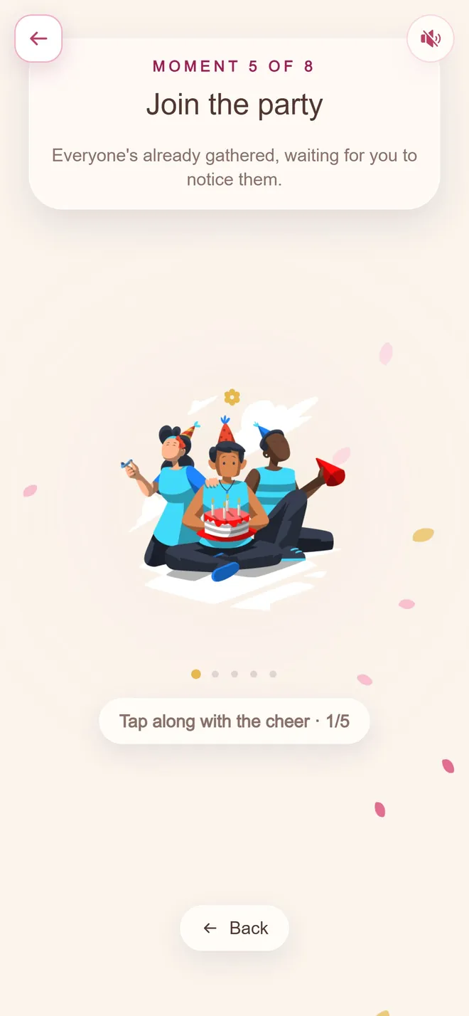 The join the party moment, a group gathered around a cake while the recipient taps along with the cheer