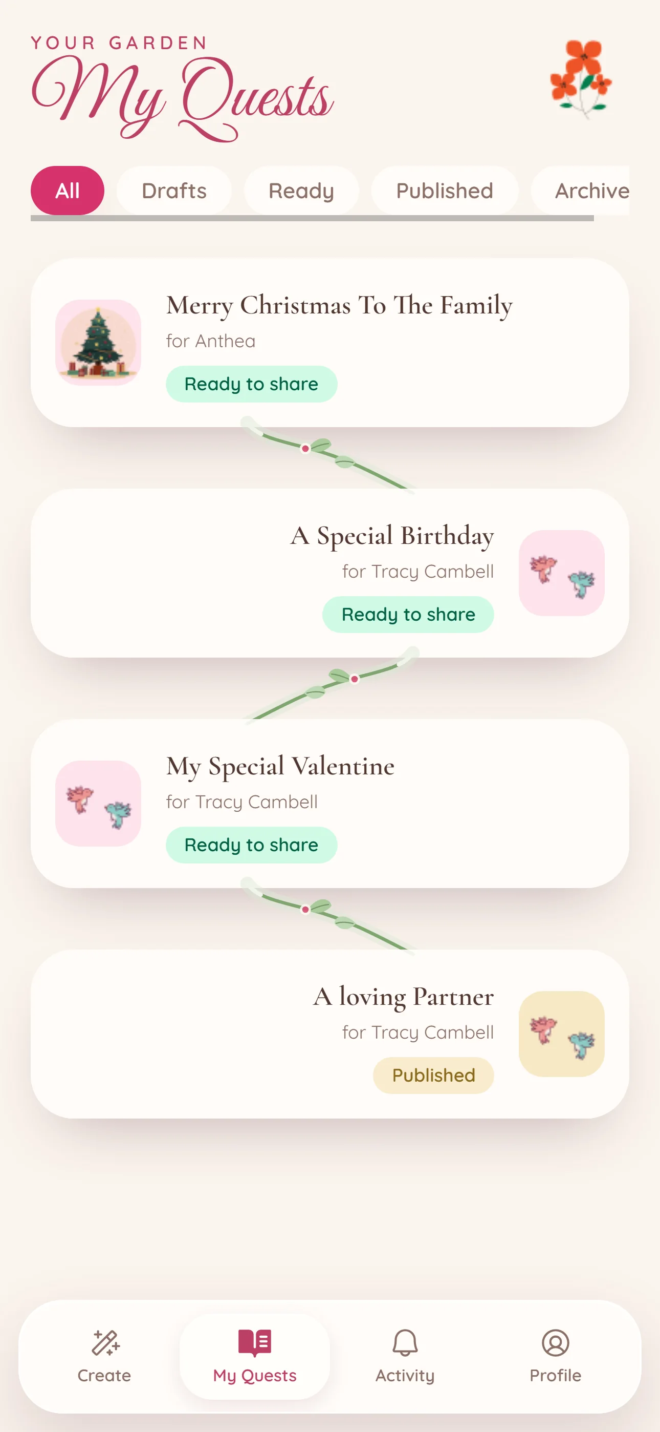 The My Quests screen showing a quest that is ready to share