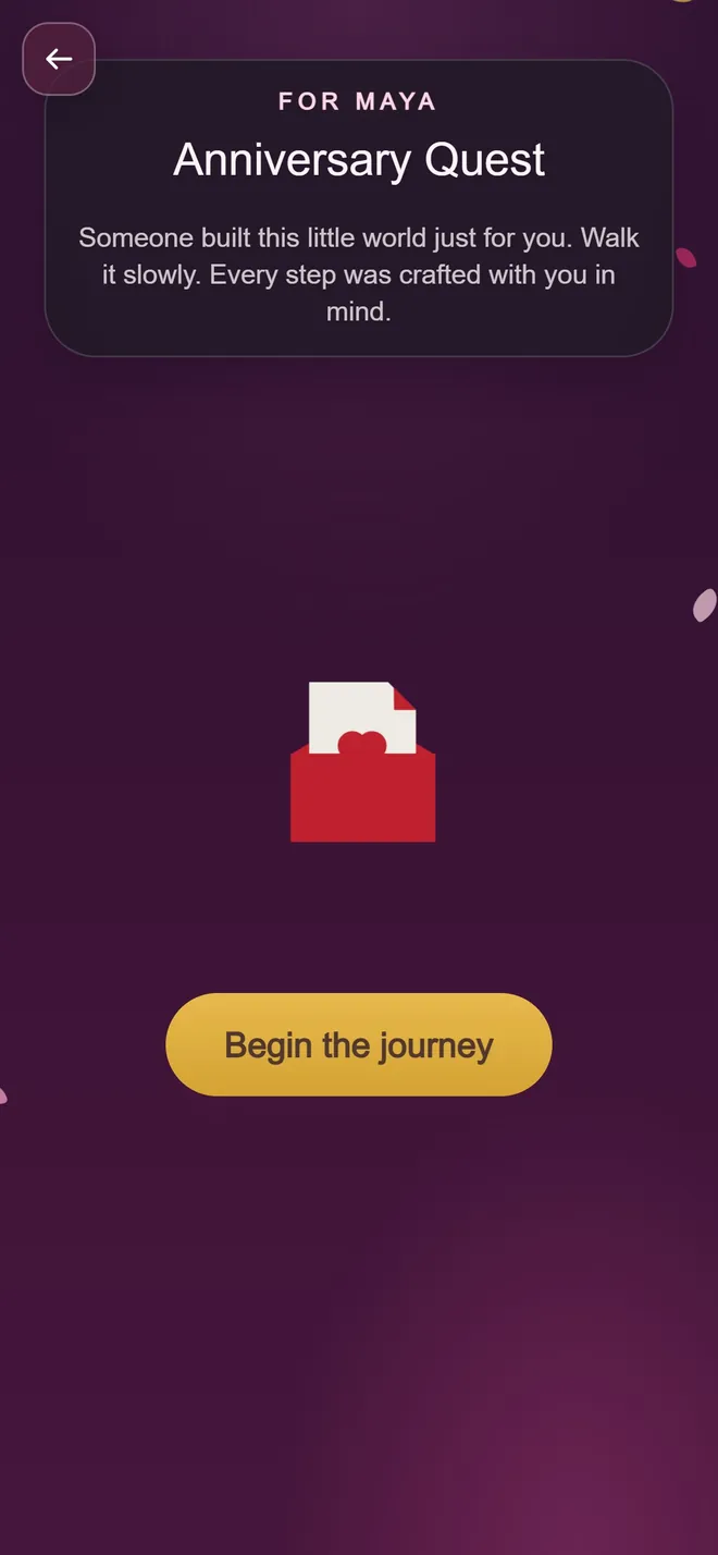 The opening screen of an Anniversary Quest, a sealed letter box on a wine dark background