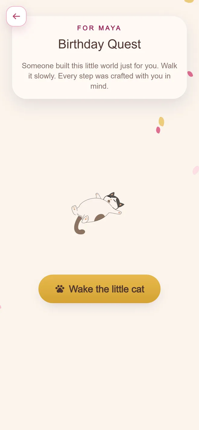 The opening screen of a Birthday Quest, with a sleeping cat and a 'Wake the little cat' button