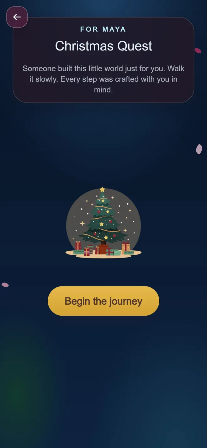 The opening screen of a Christmas Quest, a lit snow globe on a midnight blue background