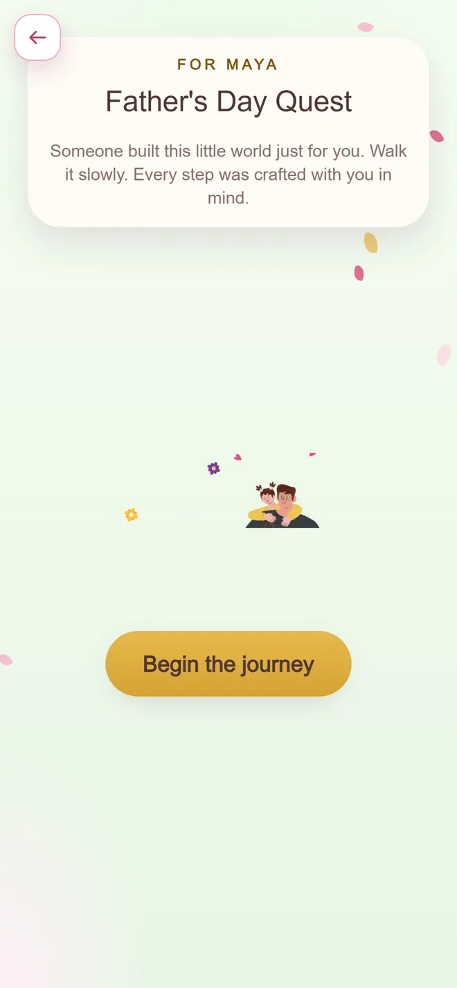 The opening screen of a Father's Day Quest, with a father and child illustration on a pale green wash