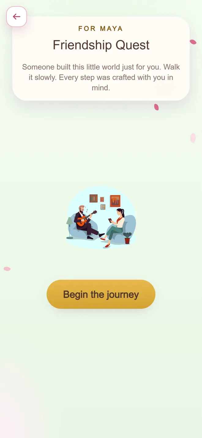 The opening screen of a Friendship Quest, two friends on a sofa above a 'Begin the journey' button