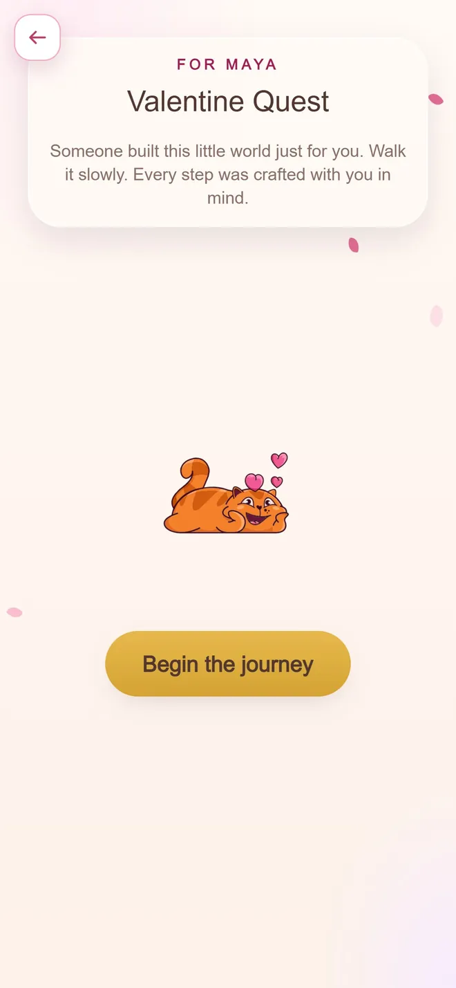 The opening screen of a Love / Valentine Quest, with two curled up cats and a 'Begin the journey' button