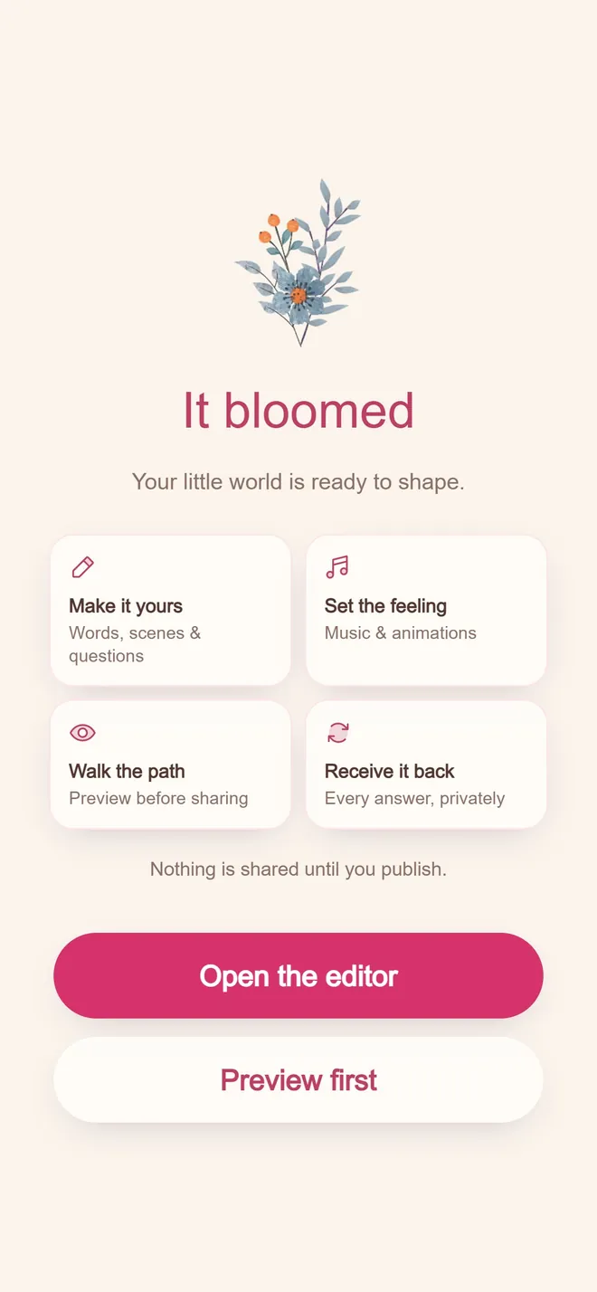 The 'It bloomed' screen confirming the quest is ready, with options to make it yours, set the feeling, walk the path, or receive it back
