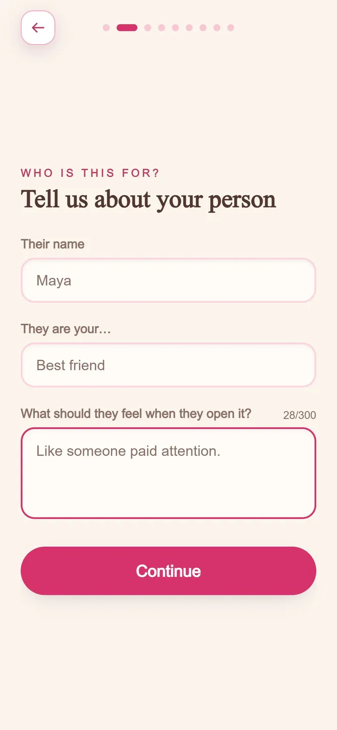 The onboarding screen asking who the quest is for: their name, your relationship, and how they should feel