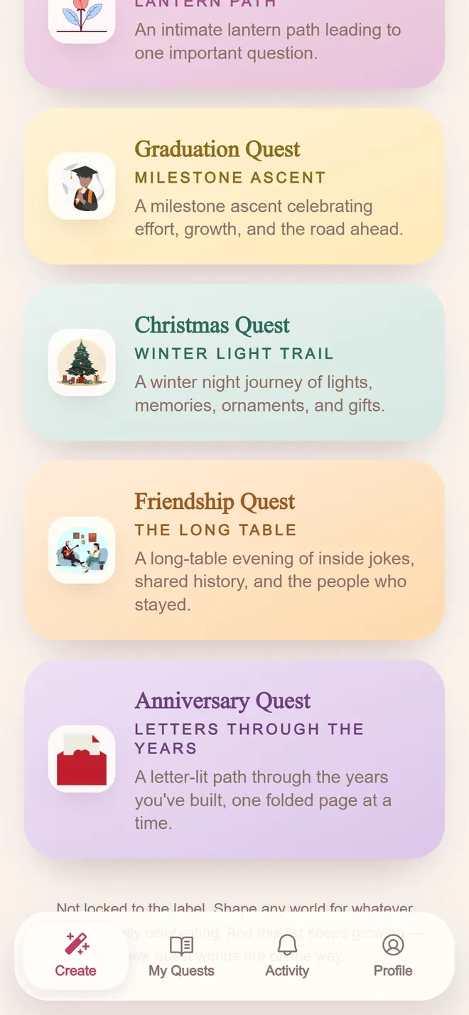 The Create screen listing every occasion template as its own colored card: graduation, Christmas, friendship, anniversary