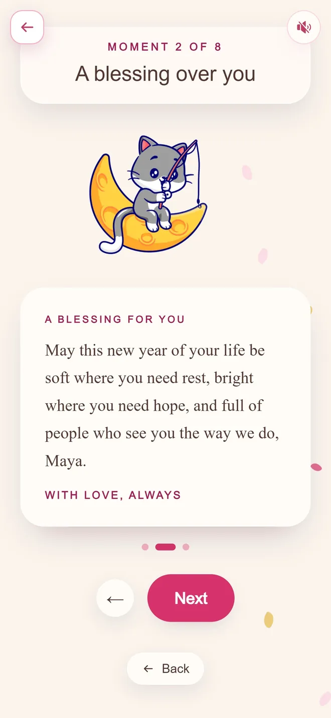 A blessing moment, a cat on a crescent moon above a written blessing for the recipient's new year