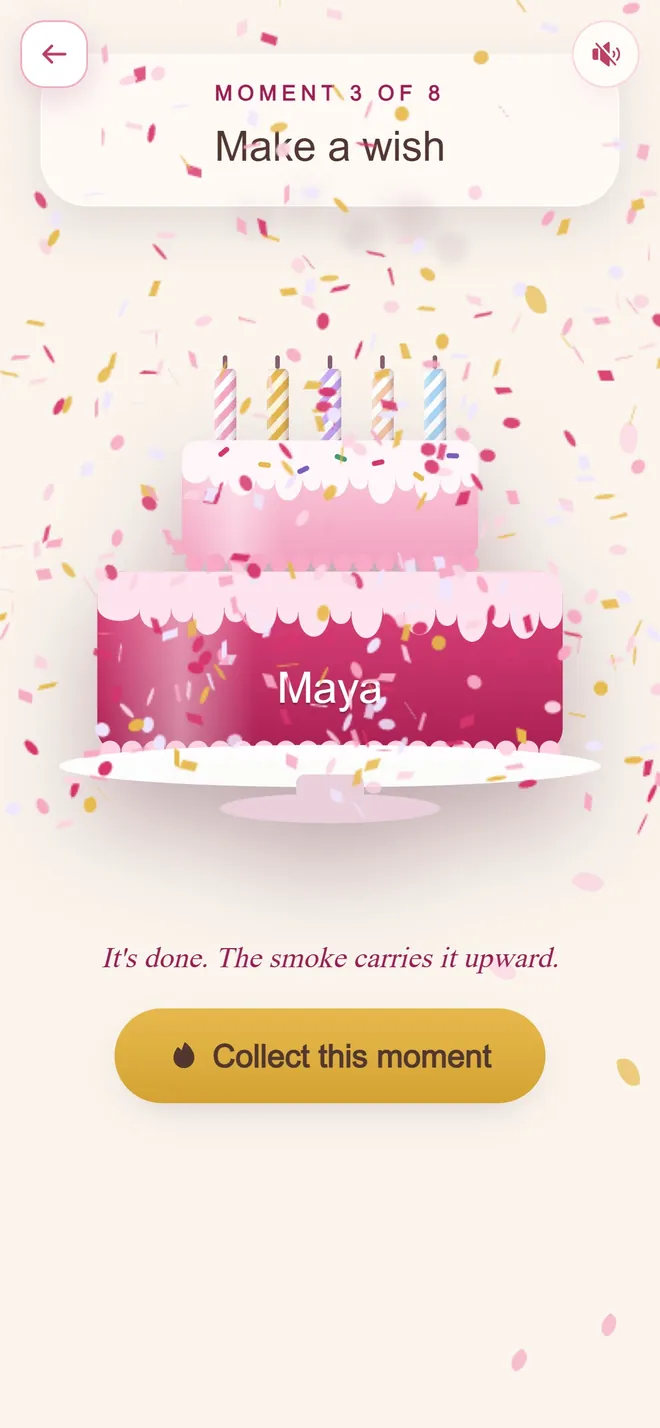 The make a wish moment: a candlelit cake with the recipient's name, blown out, confetti falling